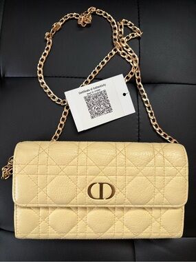 Christian Dior Cannage leather long wallet on chain in pale yellow